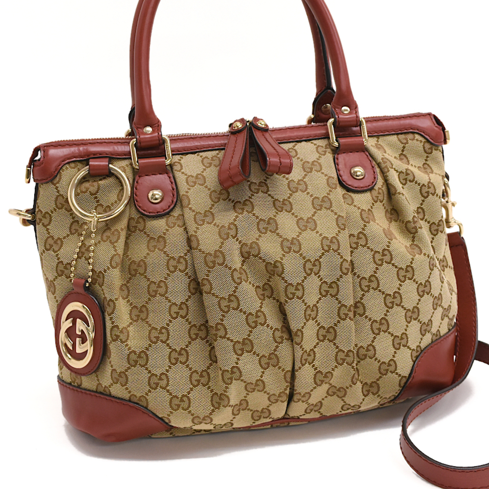 Gucci Sukey Handbag Shoulder Bag GG Canvas Beige Red Brown